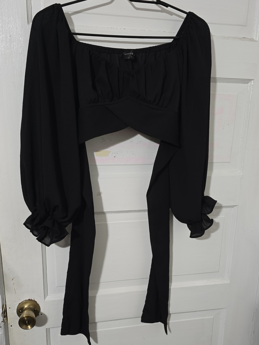 White Fox Boutique Black Wrap Crop Top with Balloon Sleeves